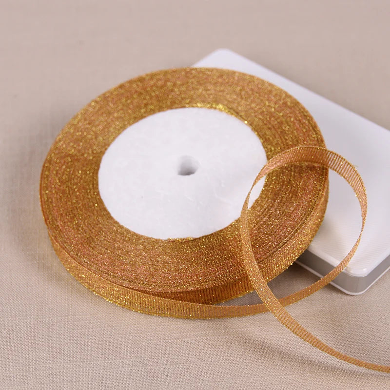 1/4" (6mm) 25yards Gold Silver Metallic Glitter Ribbons For DIY Crafts Sewing Fabric Christmas Party Wedding Supplies Gift Wrap