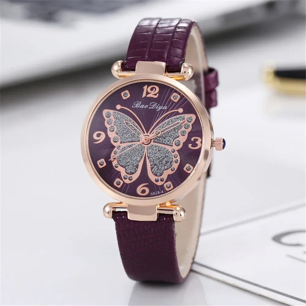 Casual Round Pointer Quartz Watch Cute Rhinestone Butterfly Pattern Dial Analog Dress Watch, Gift For Women Girls