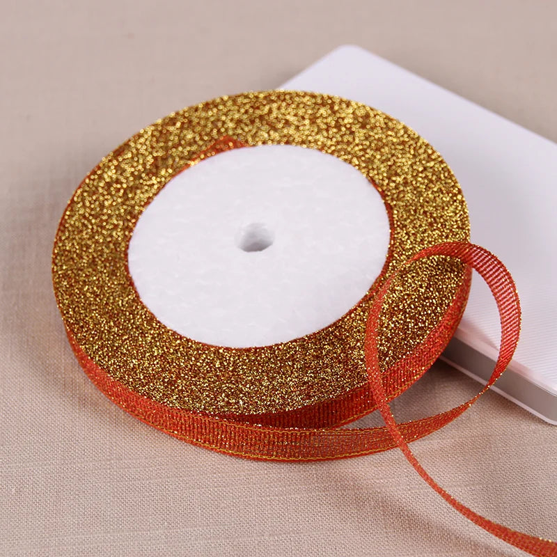 1/4" (6mm) 25yards Gold Silver Metallic Glitter Ribbons For DIY Crafts Sewing Fabric Christmas Party Wedding Supplies Gift Wrap