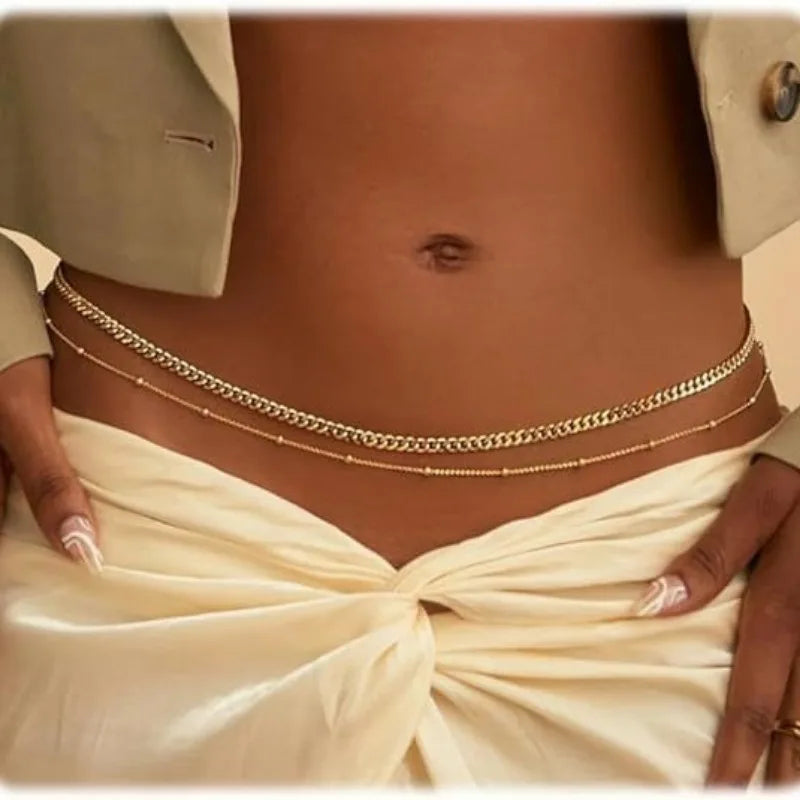 Waterproof Waist Chains for Women 14K Gold Plated STAINLESS STEEL Layered Cuban Pearl Satellite Beads Belly Belt Body Jewelry