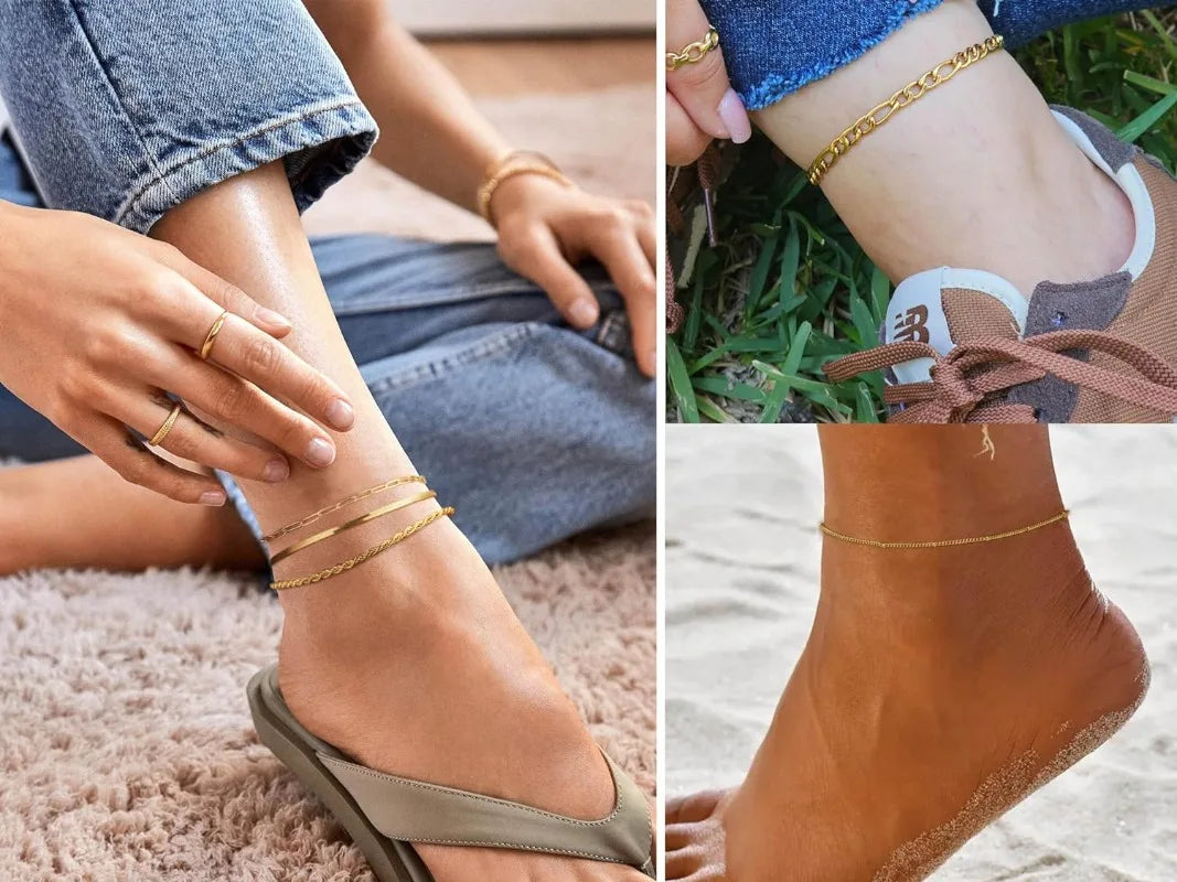 6PCS 14k Gold Plated Ankle Bracelets for Women, Stainless Steel Waterproof Herringbone Paperclip Bead Figaro Cuban Chain Anklets