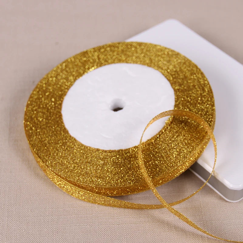 1/4" (6mm) 25yards Gold Silver Metallic Glitter Ribbons For DIY Crafts Sewing Fabric Christmas Party Wedding Supplies Gift Wrap