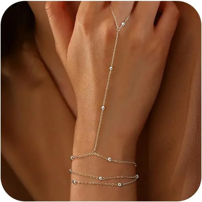 14K Gold Plated Stainless Steel Ring Hand Chain Bracelet for Women  Trendy Bead Satellite Hand Chain Bracelets Jewelry Gift