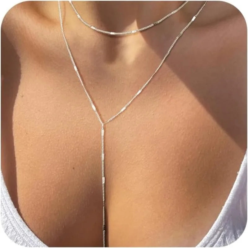 14k Gold Plated Stainless Steel /Silver Y-Shaped Pendant Necklace for Women Trendy Layered Hammer Beaded Chain Necklaces Gift