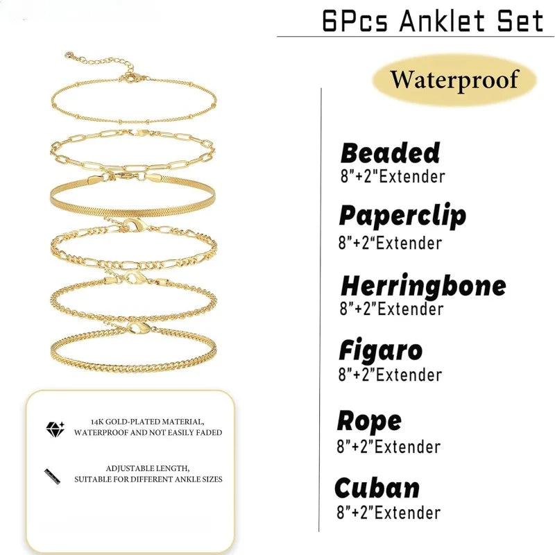 6PCS 14k Gold Plated Ankle Bracelets for Women, Stainless Steel Waterproof Herringbone Paperclip Bead Figaro Cuban Chain Anklets