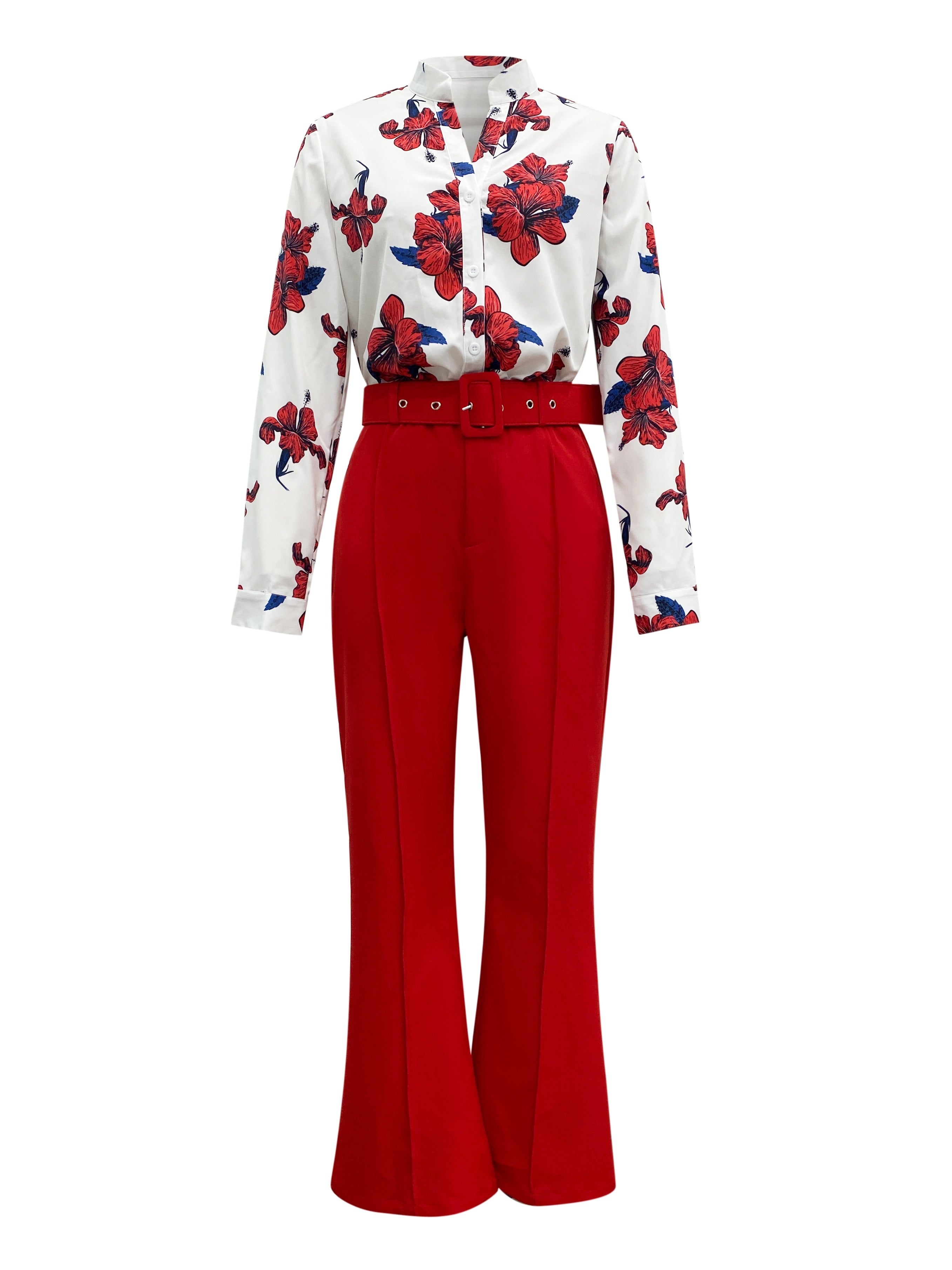 Two-piece Set, Comfy Floral Print Blouse with Button Front & Wide Leg Solid Pants, Casual Women's Clothing