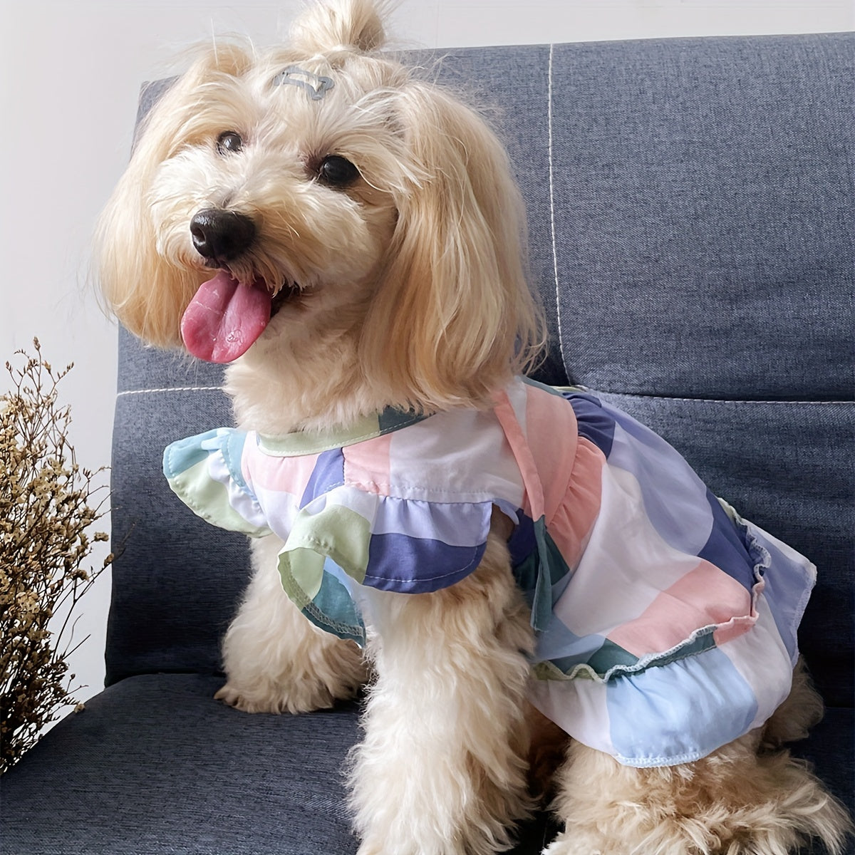 1pc Pet Breathable V-Neck Ruffle Sleeve Plaid Dress with Tie, Polyester Woven Pullover for Small to Medium Breeds, Dog and Cat Home Vacation Style Outfit, Home Leisure Attire | Playful Pet Outfit | Durable Pet Dress, Pet Clot