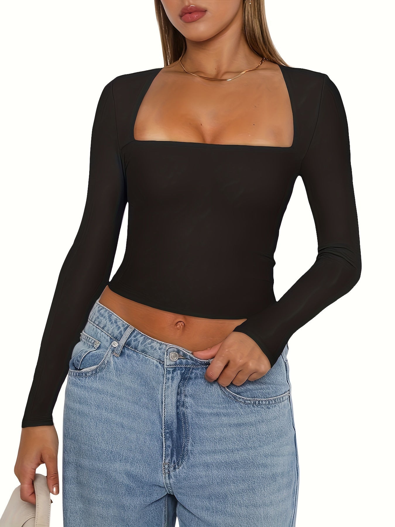 Women's Slim Fit Crop Tops Long Sleeve Square Neck Solid Color T-Shirt Dressy Blouses