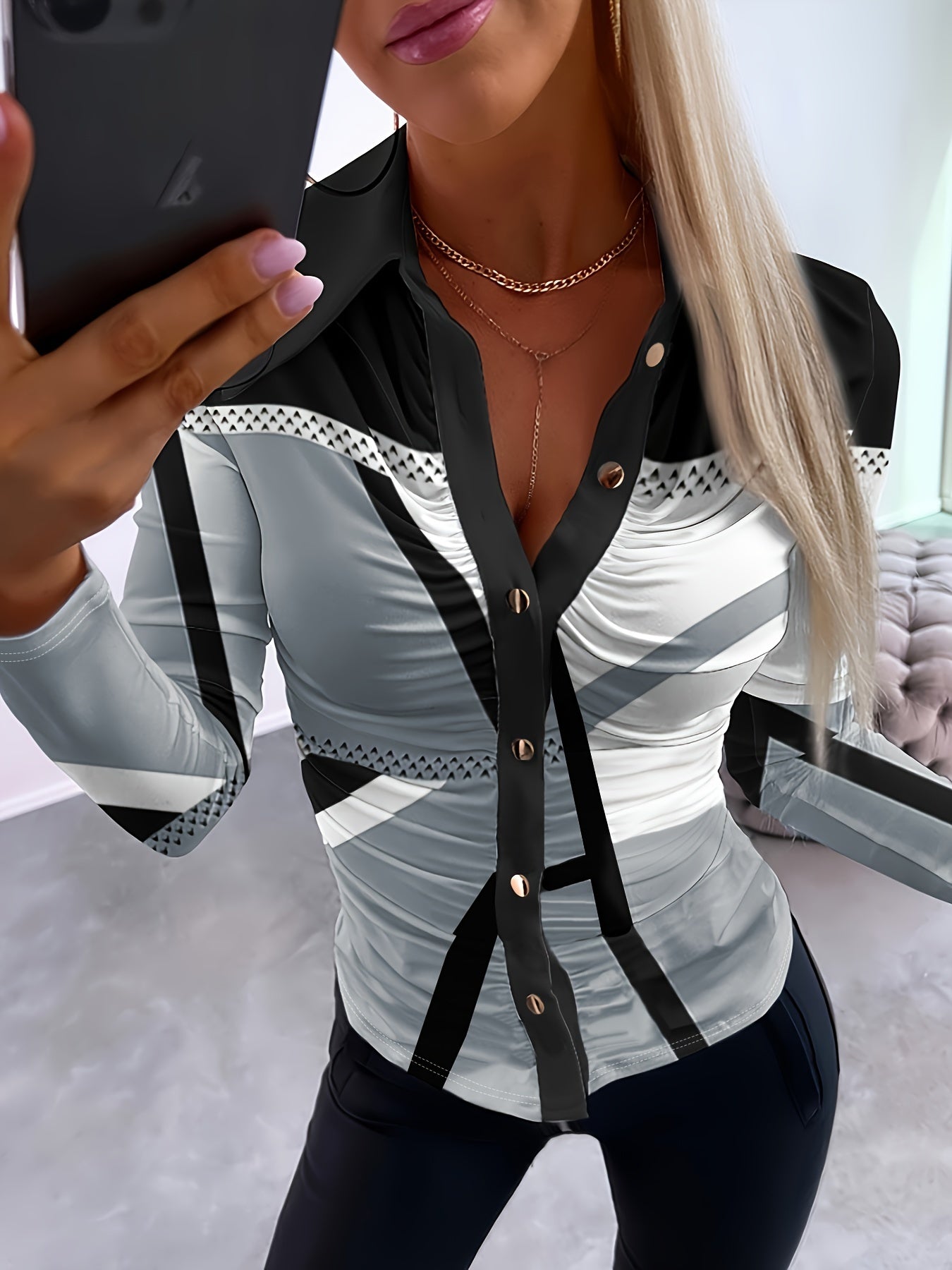 Chic Geometric Print Long Sleeve Blouse with Ruched Waist - Sexy Button-Up Collared Shirt, Polyester & Spandex Blend, Machine Washable - Ideal for All Seasons, Plus Size Blouses