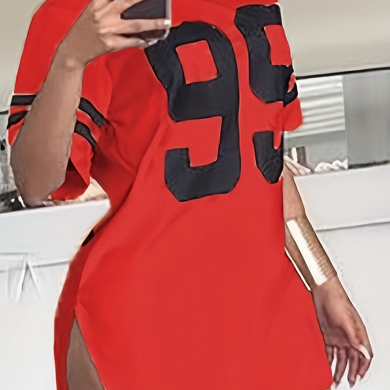 Women'S Plus Size Gray Casual T-Shirt with "95" Print, Loose Fit, Crew Neck, Short Sleeve, Polyester, Knit Fabric, Split Detail, All-Season Wear, Relaxed Fit Tee | Split Hem Detail | Polyester Fabric, Plus Size Blouses