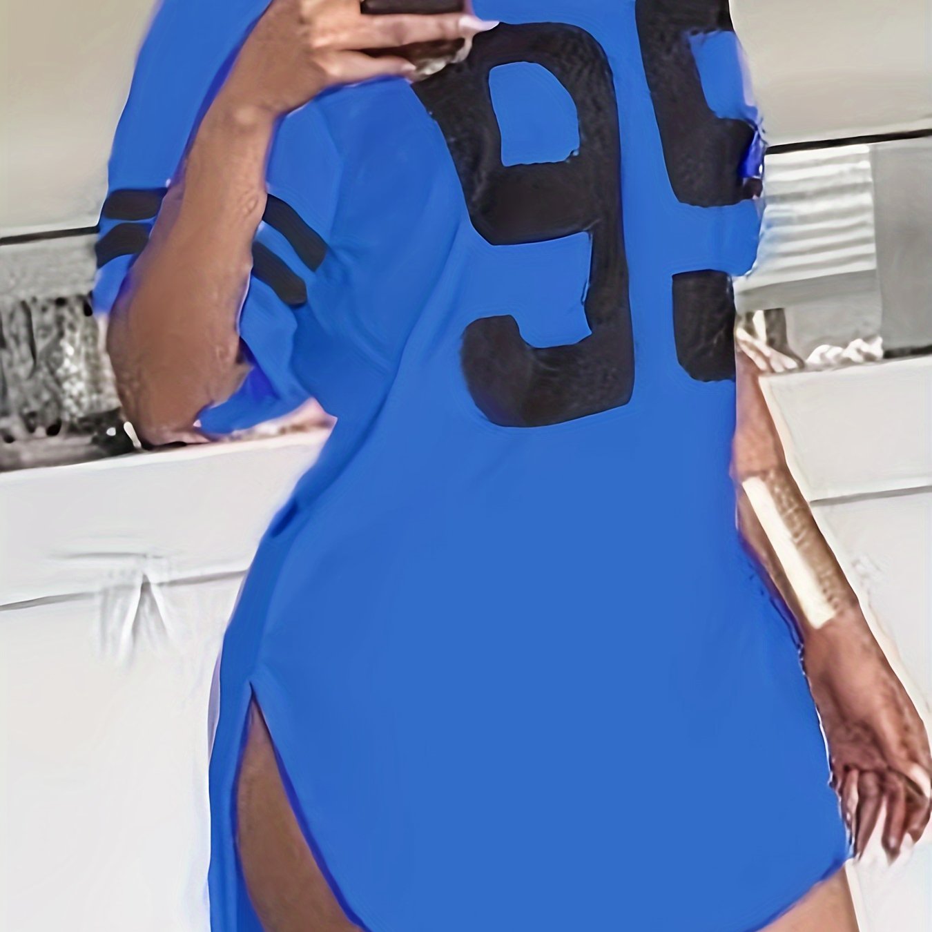 Women'S Plus Size Gray Casual T-Shirt with "95" Print, Loose Fit, Crew Neck, Short Sleeve, Polyester, Knit Fabric, Split Detail, All-Season Wear, Relaxed Fit Tee | Split Hem Detail | Polyester Fabric, Plus Size Blouses