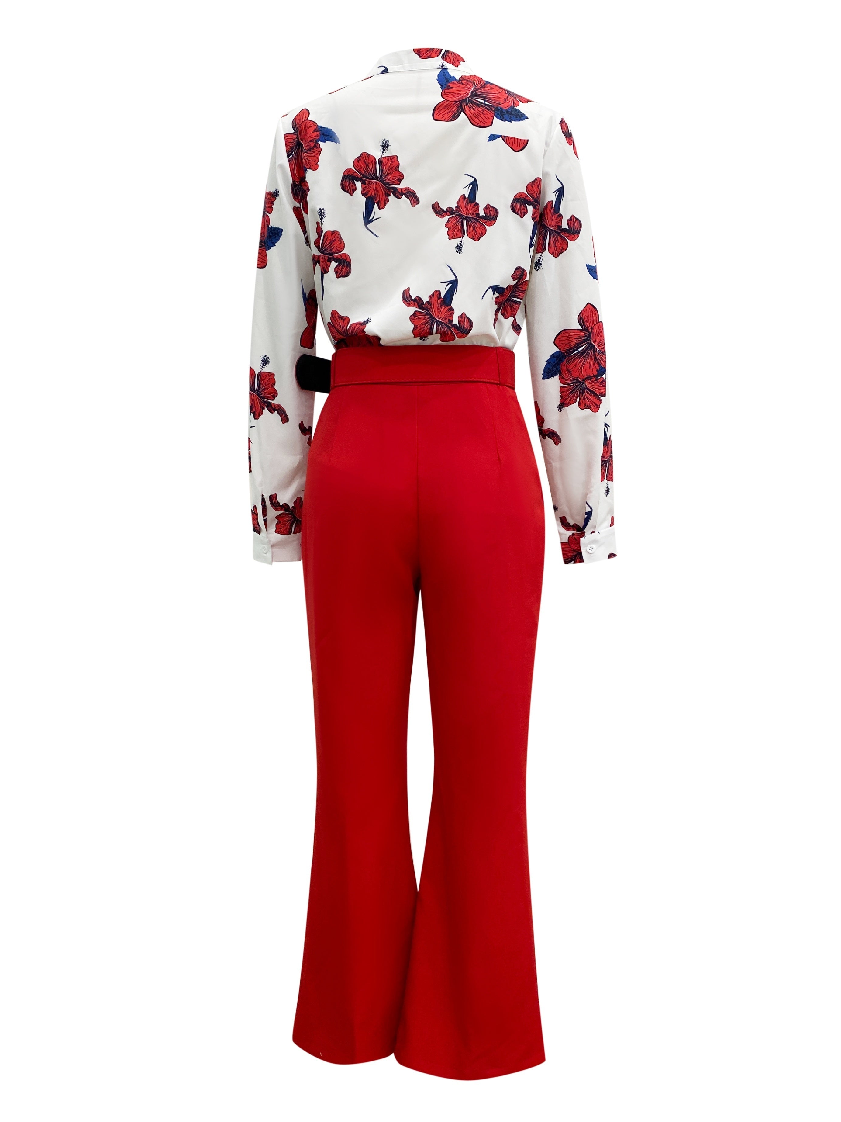 Two-piece Set, Comfy Floral Print Blouse with Button Front & Wide Leg Solid Pants, Casual Women's Clothing