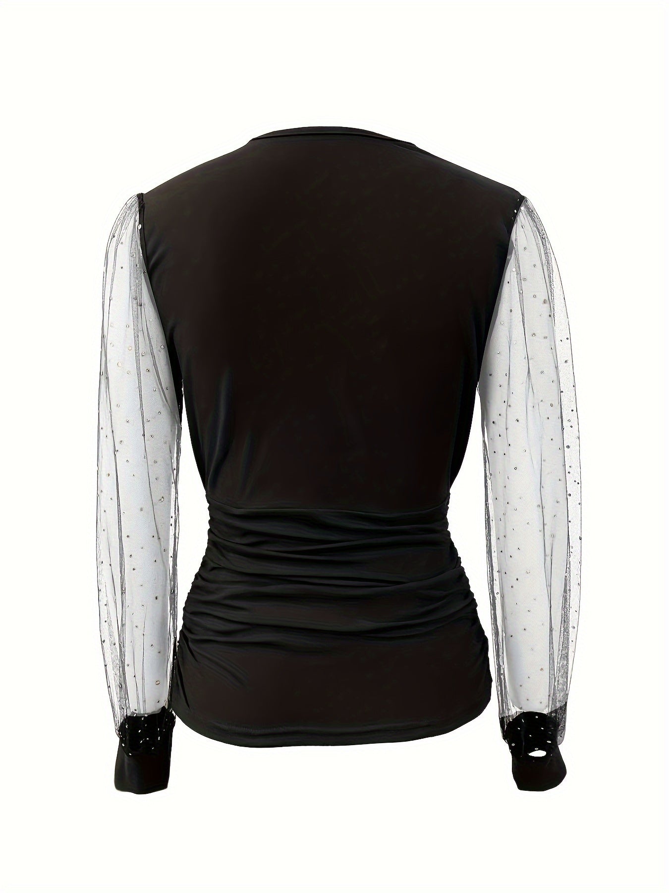 Women'S Elegant Black V-Neck Blouse with Mesh Sleeves - Chic Long Sleeve Top for Casual or Formal Wear, All-Season Versatile Design, Formal Attire | Vneck Top | Mesh Detailing, Ladies Blouses