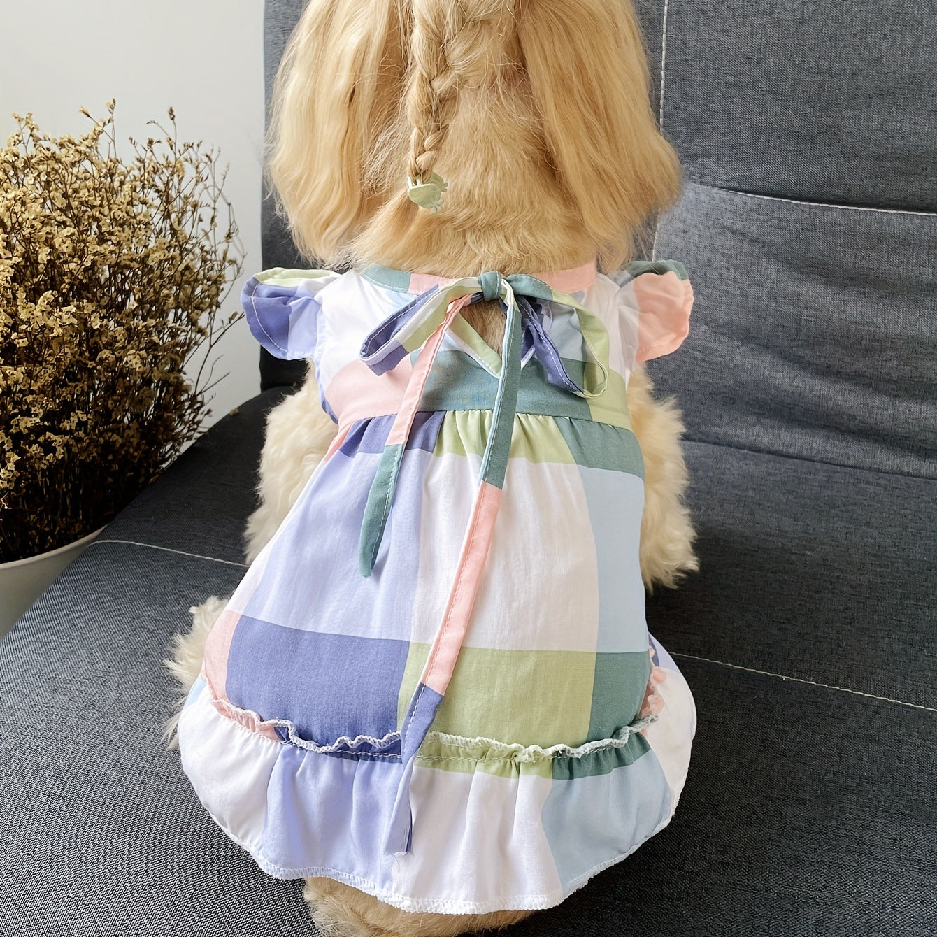 1pc Pet Breathable V-Neck Ruffle Sleeve Plaid Dress with Tie, Polyester Woven Pullover for Small to Medium Breeds, Dog and Cat Home Vacation Style Outfit, Home Leisure Attire | Playful Pet Outfit | Durable Pet Dress, Pet Clot