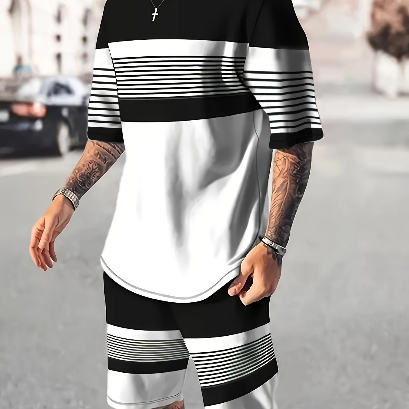 2pcs Men's BELIEVE IN YOURSELF Pattern Color Clash T-shirt & Casual Shorts Set, Men's Clothes For Summer Daily Wear/Holiday/Beach/Party