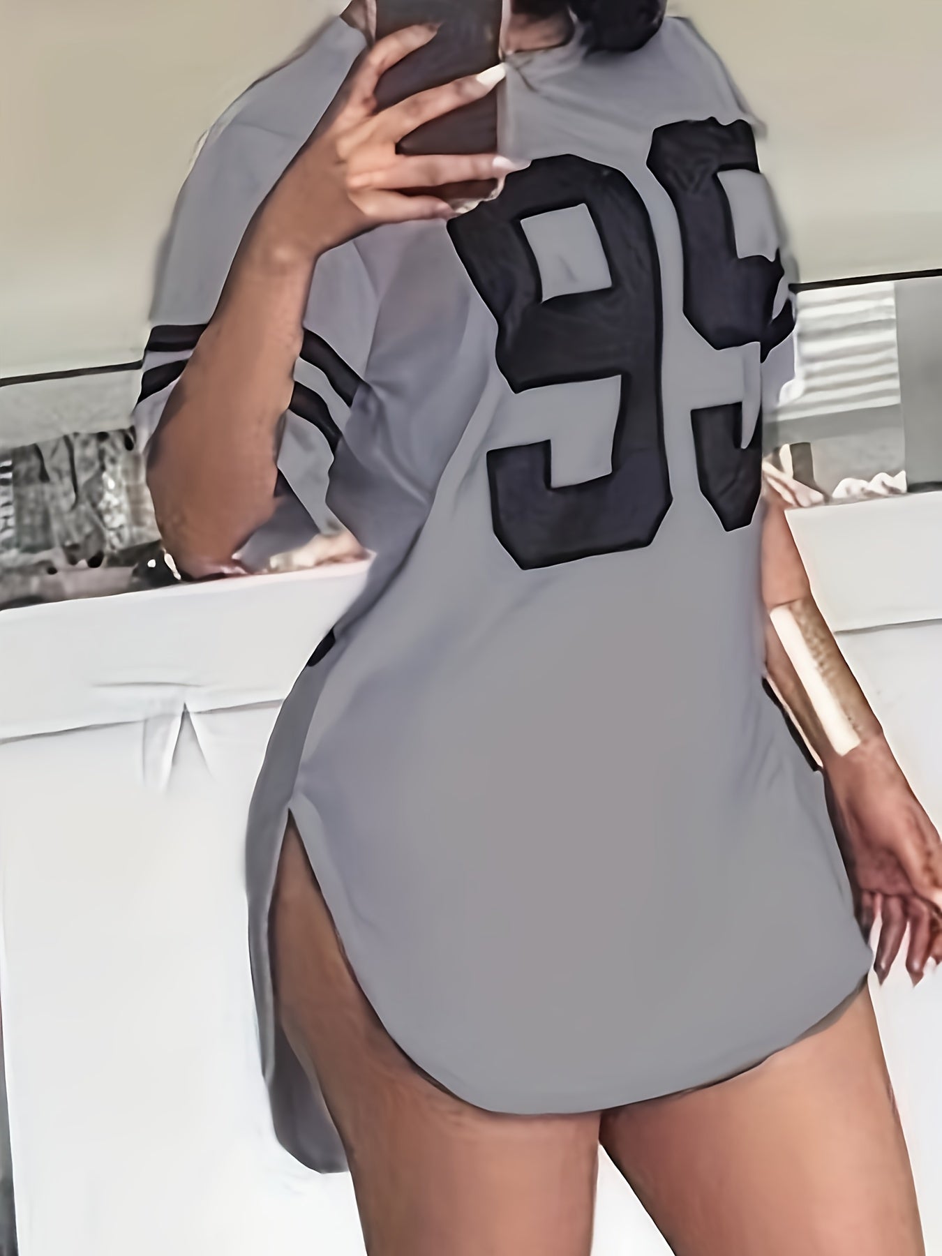 Women'S Plus Size Gray Casual T-Shirt with "95" Print, Loose Fit, Crew Neck, Short Sleeve, Polyester, Knit Fabric, Split Detail, All-Season Wear, Relaxed Fit Tee | Split Hem Detail | Polyester Fabric, Plus Size Blouses