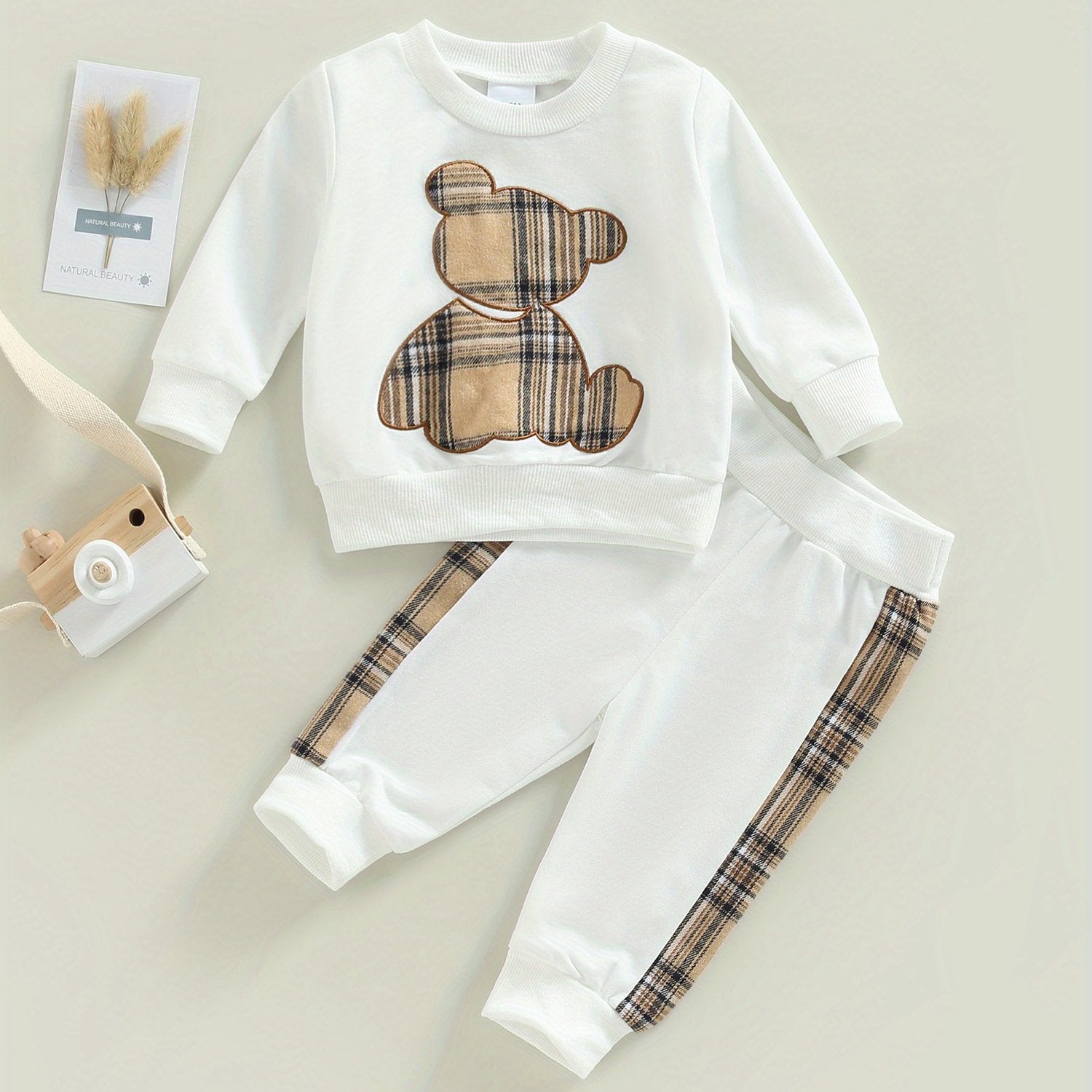 0.0-78.74ft Toddler Baby Girls Fall Outfits Long Sleeve Plaid Bear Pattern Pullover Sweatshirt Tops Pants Set Child Outfits Tracksuits Set, for Outdoor