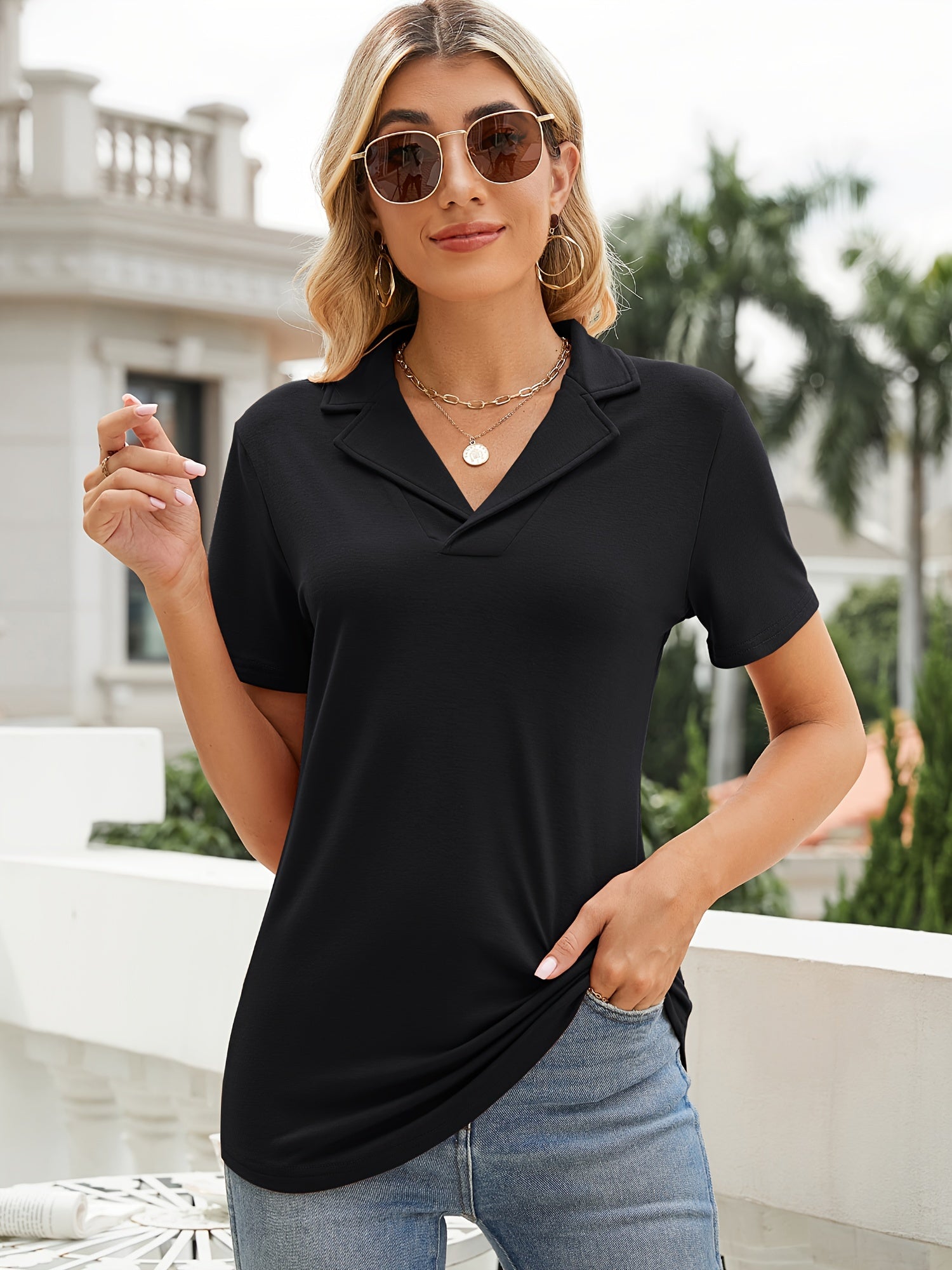 Women'S Casual Short Sleeve T-Shirt - Solid Color V-Neck, Regular Fit, Medium Stretch, Spring & Summer Top, Lightweight Polyester Blend, Perfect for Casual Attire, Short Sleeve Blouses
